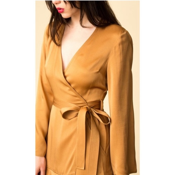 A.L.C. Whitney wrap silk dress in caramel gold yellow - Picture 2 of 6